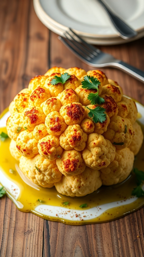A roasted cauliflower head garnished with parsley on a wooden table.